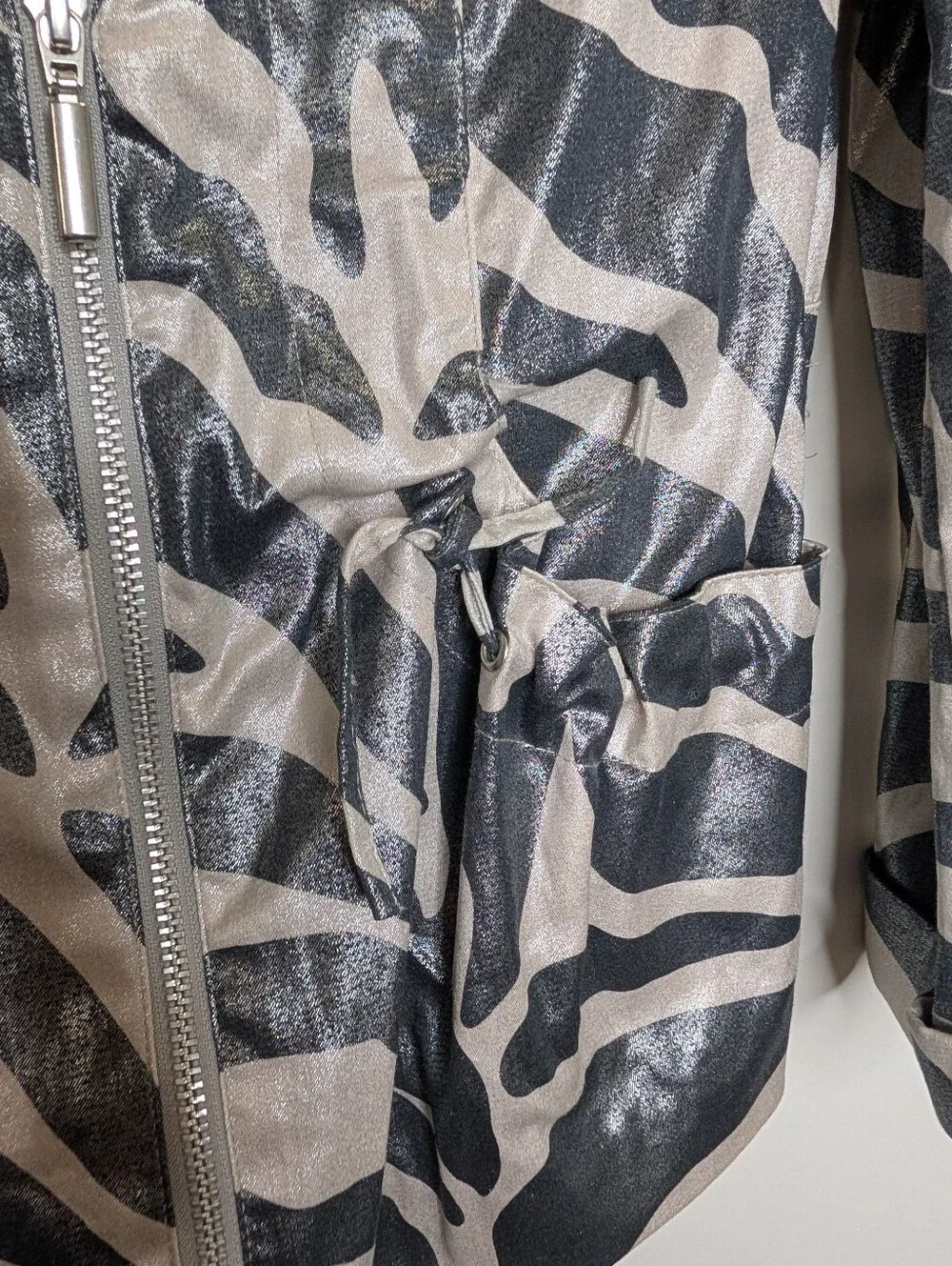 Berek Metallic Zebra Print Utility Moto Jacket Size Small Silver Black